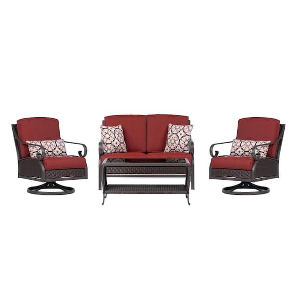 Hanover Madrid 4-Piece Wicker Patio Conversation Set w/ Red Cushions, 2 Swivel Chairs, Loveseat, Coffee Table, All-Weather