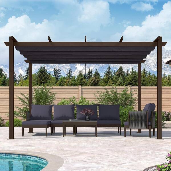 PURPLE LEAF 10 ft. W x 12 ft. D Outdoor Bronze Aluminum Pergola with Navy Blue Adjustable Fade-Resistant Sun Shelter Canopy for Lawn