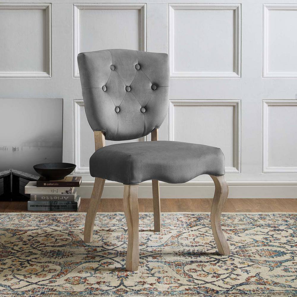 Elegant Gray Velvet Upholstered Side Chair with Weathered Wood Legs
