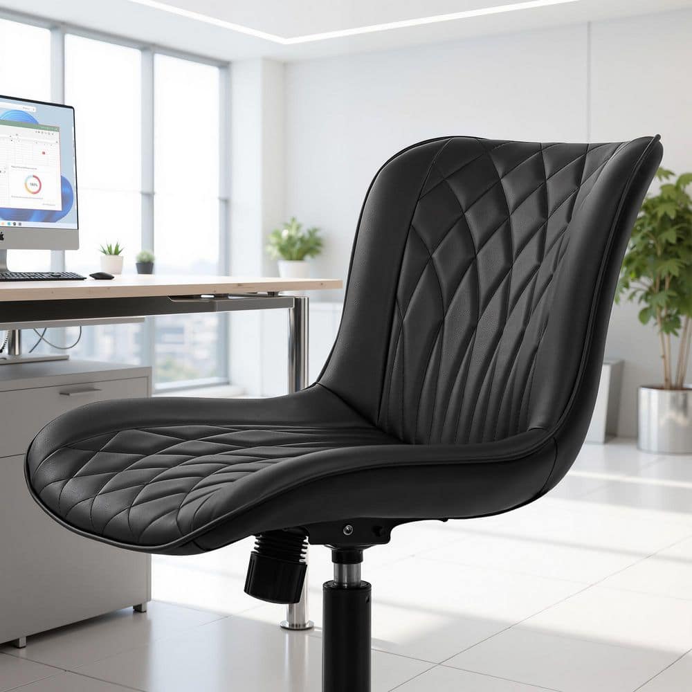 Close-up side view of the seat and backrest of a black quilted faux leather office chair.