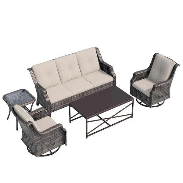 5-Piece Steel Wicker Patio Conversation Deep Seating Set with Swivel Chairs, Beige Cushions