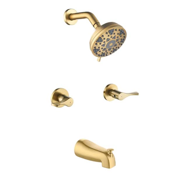 Double Handle 6-Spray Wall Mounted Tub and Shower Faucet 1.8 GPM 5 In Brass Shower System in Brushed Gold Valve Included