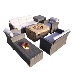 Stirp II 7-Piece Rock and Fiberglass Fire Pit Table with Gray Wicker Conversation Sofa Set with Gray Cushions