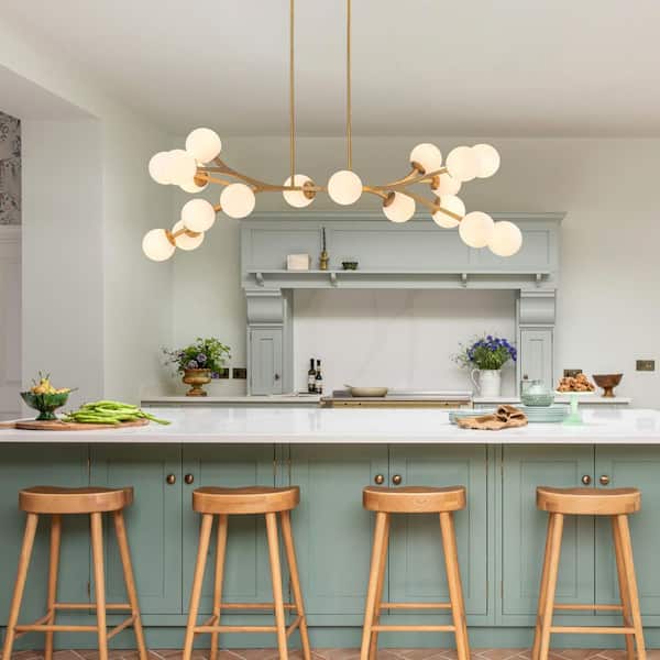 Lucie 68.11 in. 18-Light Modern Gold Kitchen Island Pendant Cluster Chandelier with Opal Glass Shades