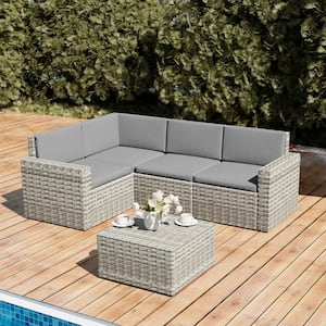 5-Piece Wicker Outdoor Sectional Set with Cushion Gray