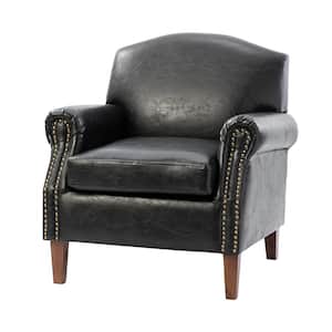 Gianluigi Black Vegan Leather Armchair with Rolled Arms and Nailhead Trim