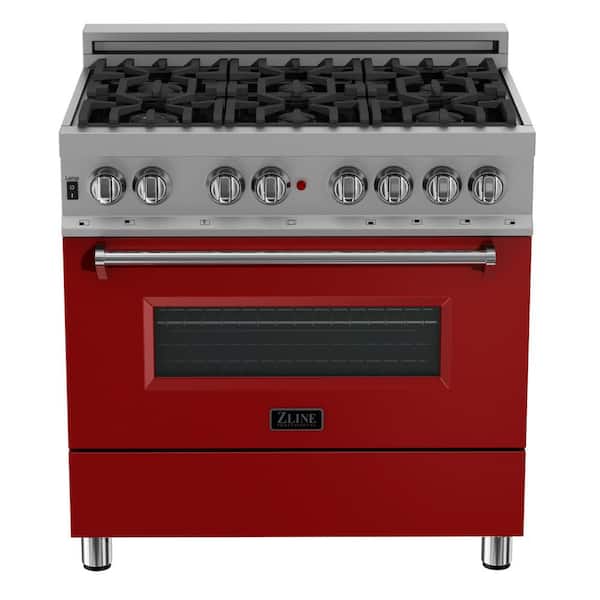 36 in. Legacy Dual Fuel Range with 6 Burners and Electric Convection Oven in Satin Stainless Steel and Red Matte Door