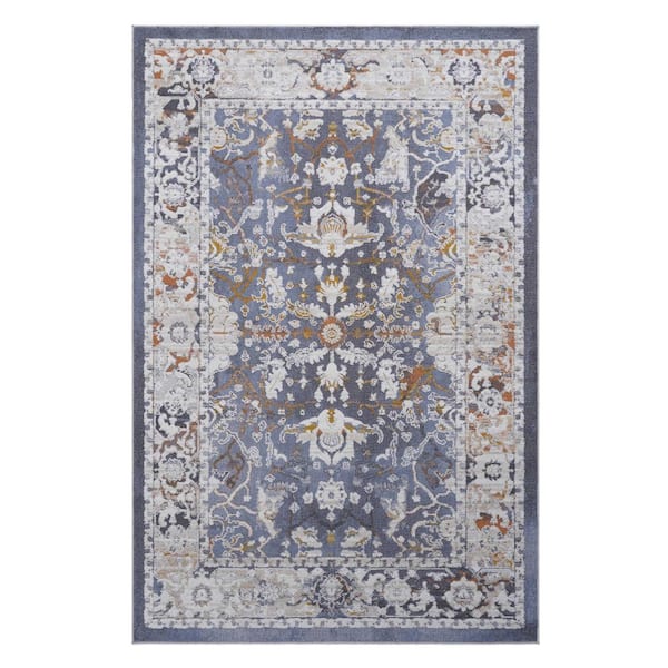5 X 7 Blue Floral Washable Area Rug for Bedroom, Dining Room, Living Room