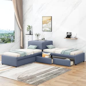 Gray L-shaped Twin Size Platform Bed, Upholstered Platform Bed with Trundle, Desk and 2 Drawers, Wood Kids Platform Bed