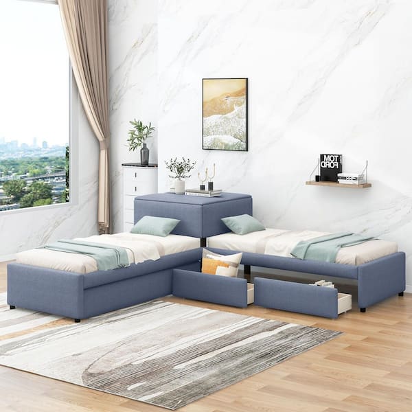 ANBAZAR Gray L-shaped Twin Size Platform Bed, Upholstered Platform Bed with Trundle, Desk and 2 Drawers, Wood Kids Platform Bed