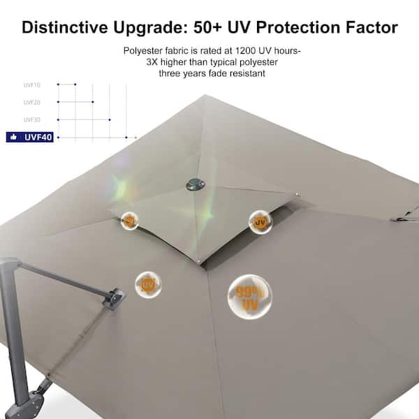 10 ft. x 13 ft. 2-Tier Windproof Aluminum Large Fade-Resistant Cantilever 360° Patio Umbrella with Base, Ash Mocha