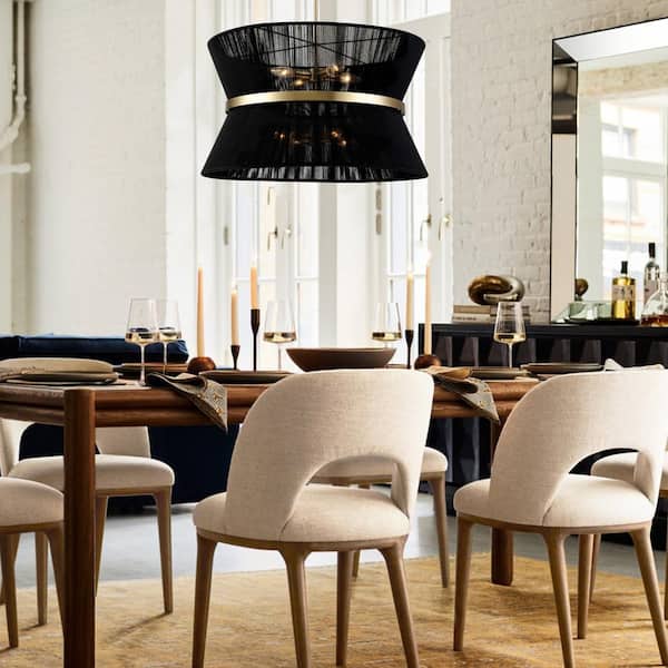 Tabor 8-Light Modern Boho Black Hand-woven Rope Drum Chandelier Fabric Hourglass Tapered Pendant Light