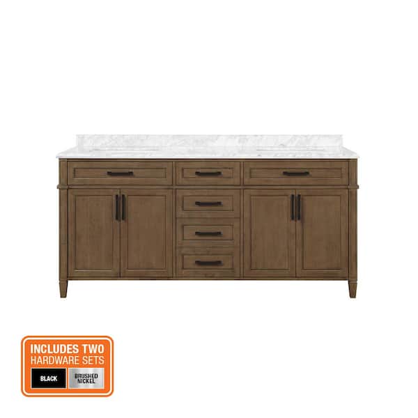 Caville 72 in. Double Sink Almond Latte Bath Vanity with Carrara Marble Top and Integrated Power Outlet (Assembled)