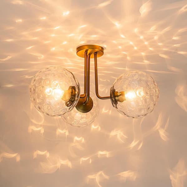 Dvorakova 20.1 in. 3-Light Gold Modern Sputnik Semi-Flush Mount Ceiling Light with Textured Globe Glass Shades
