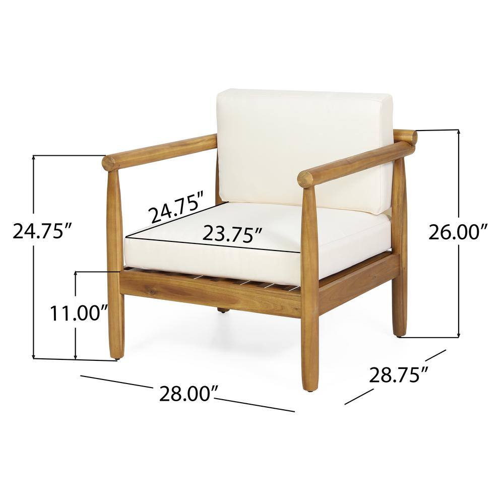 Teak Wood Outdoor Lounge Chairs with Cream Cushions, Set of 2