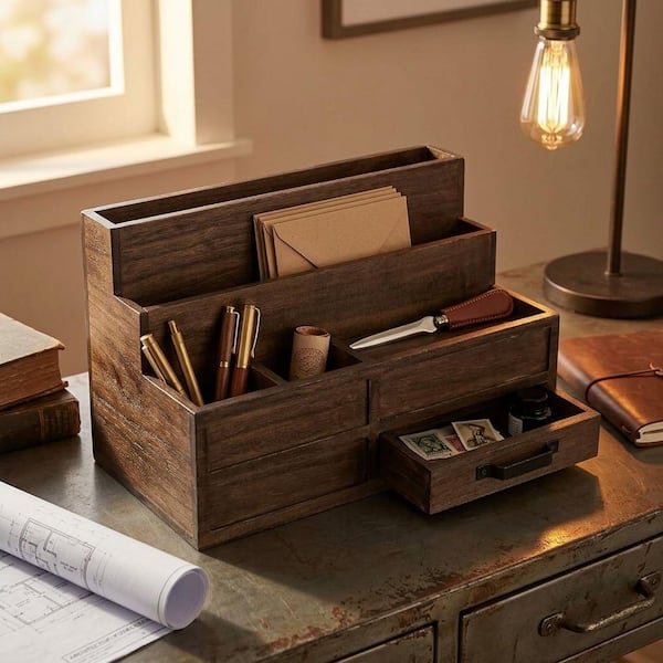 Brown 11.8 in. x 7.5 in. Wood Desk Organizers YAD33G - The Home Depot