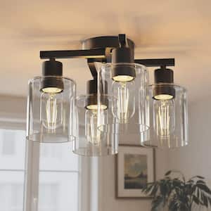 13.2 In. Modern Drum Matte Black Semi-Flush Mount for Hallway or Bedroom with Clear Glass Shades, No Bulb Included