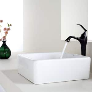 Elavo 15 in. Square Vessel Bathroom Sink in White Vitreous China with Pop Up Drain in Oil Rubbed Bronze