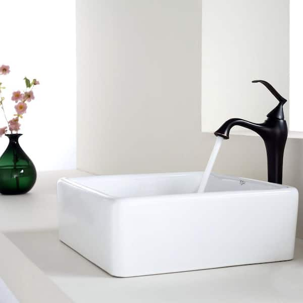 KRAUS Elavo 15 in. Square Vessel Bathroom Sink in White Vitreous China with Pop Up Drain in Oil Rubbed Bronze