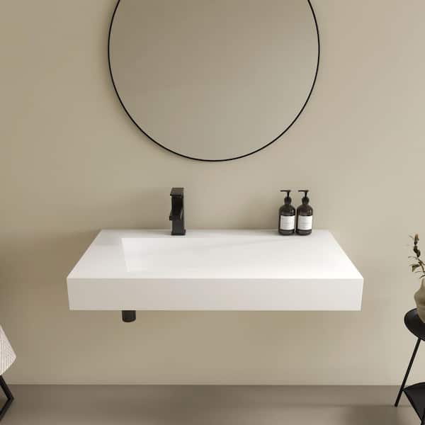 35 x 18 in. Solid Surface Wall Mount Bathroom Vessel Sink with Faucet Hole in Matte White
