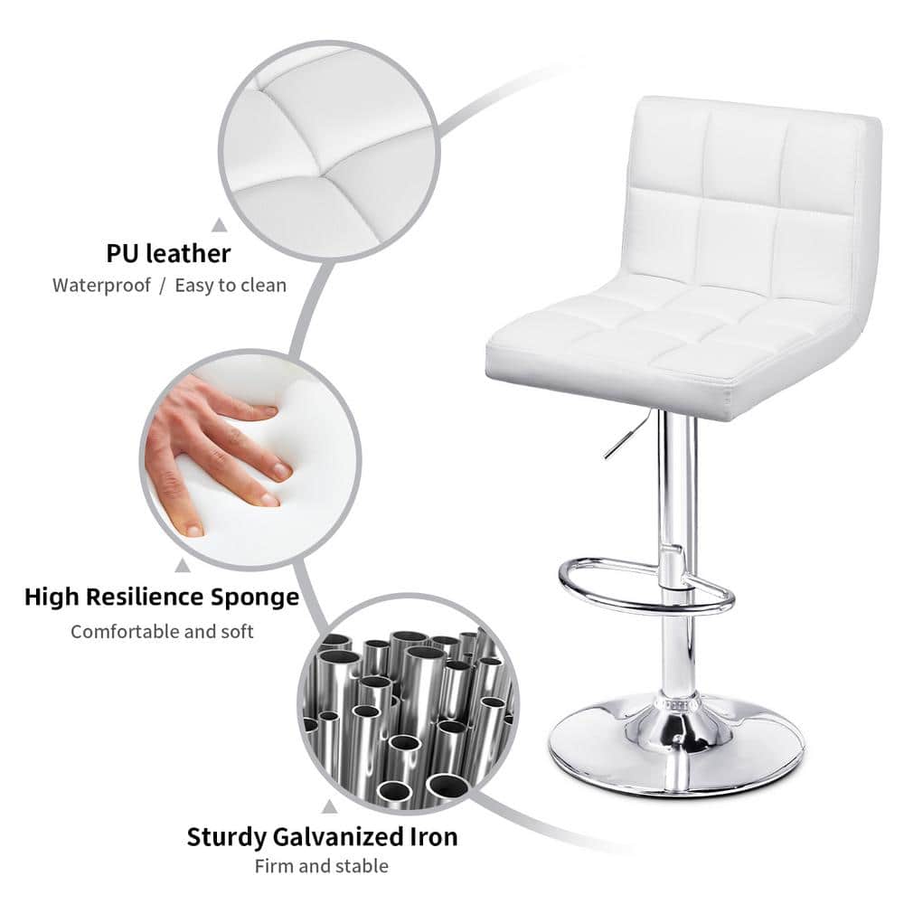 White Adjustable Metal Bar Stool Set with Faux Leather and Swivel