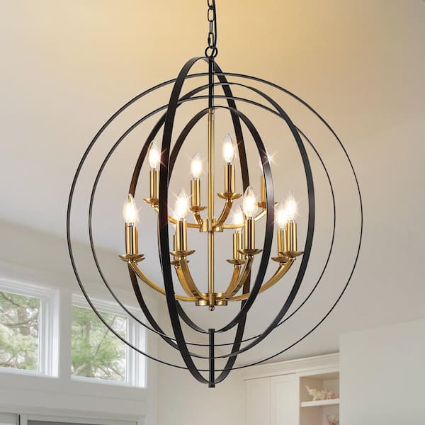 12-Light Black and Gold Modern Industrial Chandelier for Entryway Bedroom Dining Living Room Hallway