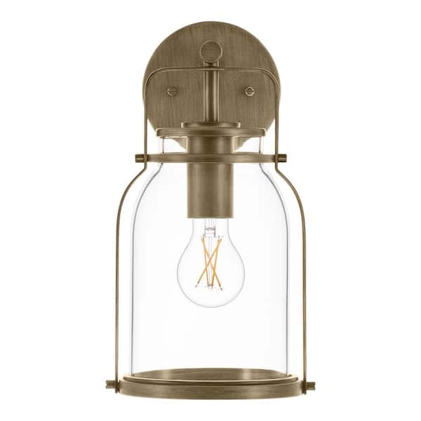 Hampton Bay Wye 12.9 in. Vintage Brass Hardwired Outdoor Wall Light Lantern Sconce with No Bulb Included
