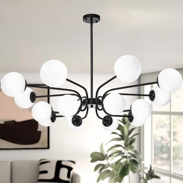 RRTYO Wilbourn 16-Light Mid-Century Modern Black 2-Tiers Sputnik Chandelier with Milky White Glass Globe