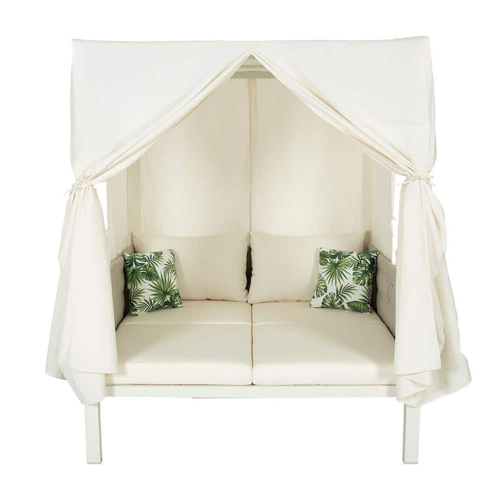 White Woven Rope Iron Metal Outdoor Day Bed with Beige Cushions, Curtains, 