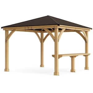 Meridian 12 ft. x 20 ft. Premium Cedar Outdoor Patio Shade Gazebo with a 12 ft. Bar Counter and Brown Aluminum Roof