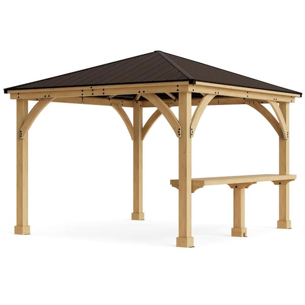 Meridian 12 ft. x 20 ft. Premium Cedar Outdoor Patio Shade Gazebo with a 12 ft. Bar Counter and Brown Aluminum Roof