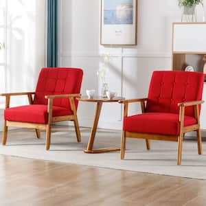 Modern Red 3-Pieces Upholstered Accent Chairs Set of 2 with Round Side Table Wood and Fabric Armchairs Side Chair