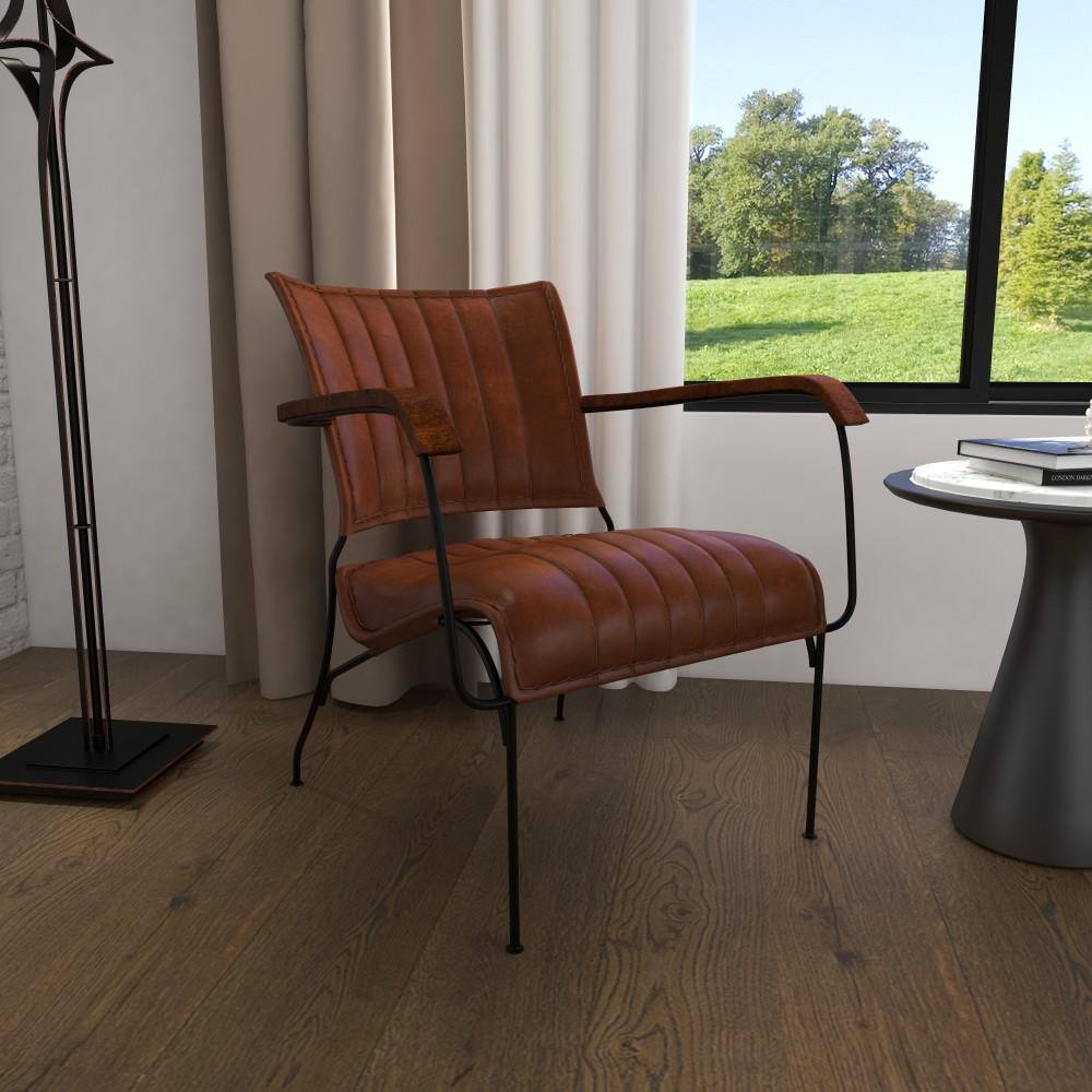 Vintage Brown Leather and Metal Accent Chair