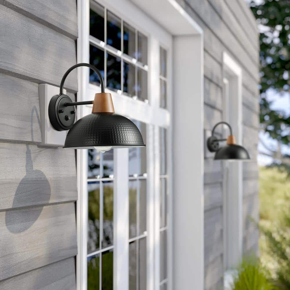 Black Iron Gooseneck Barn Wall Sconce with Wood Accent