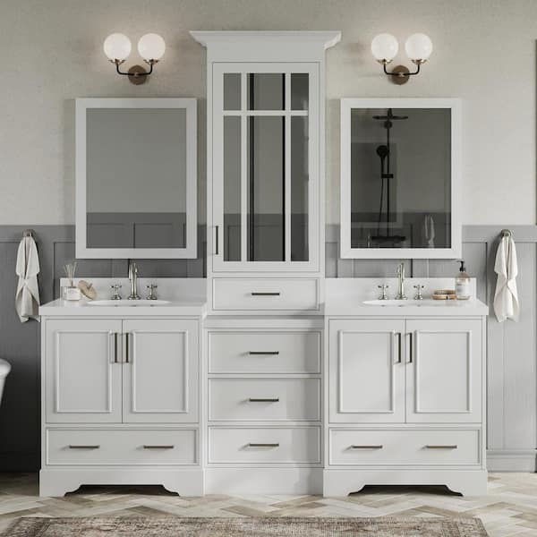 ARIEL Stafford 85 in. W x 22 in. D x 89 in. H Bath Vanity in White with Pure White Quartz Tops and Mirror