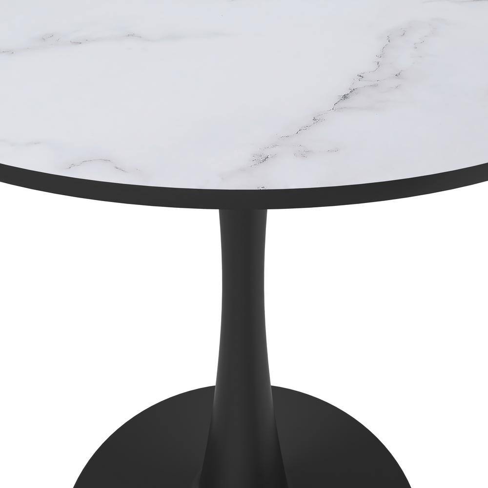 24" Round Marbled White MDF Dining Table with Black Steel Pedestal Base