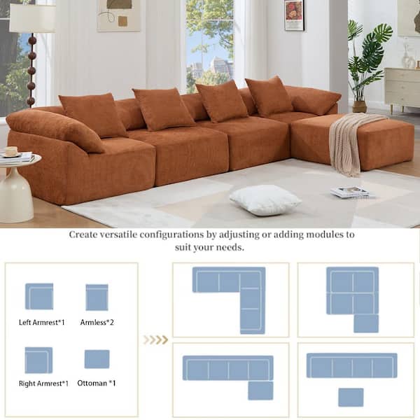 Luxury 142 in. W Pillow Top Arm 5-piece L-Shaped Chenille Modular Sectional Sofa in. Orange with Ottoman