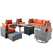 Sanibel Gray 10-Piece Wicker Patio Conversation Sofa Set with a Swivel Chair, a Storage Fire Pit and Orange Red Cushions