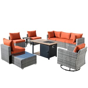 Sanibel Gray 10-Piece Wicker Patio Conversation Sofa Set with a Swivel Chair, a Storage Fire Pit and Orange Red Cushions