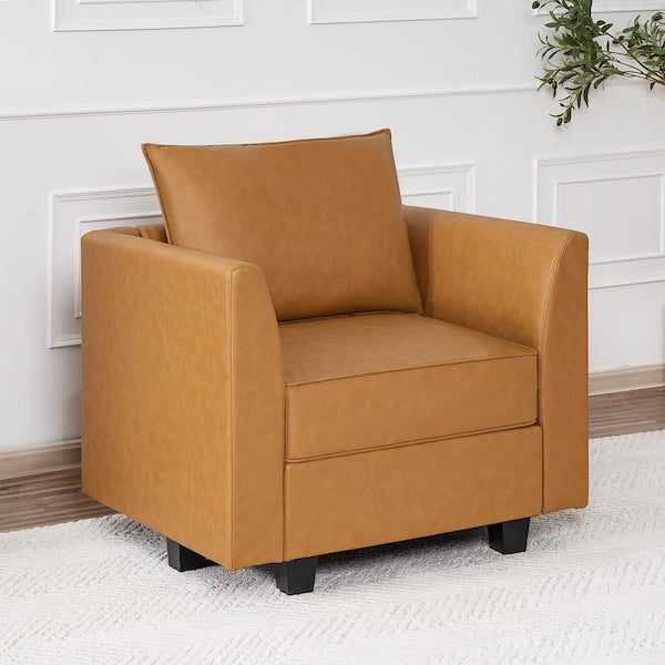 MAYKOOSH Caramel Faux Leather Modern Accent Chair Stylish Accent Arm Chair with Storage for Living Room Bedroom or Small Spaces