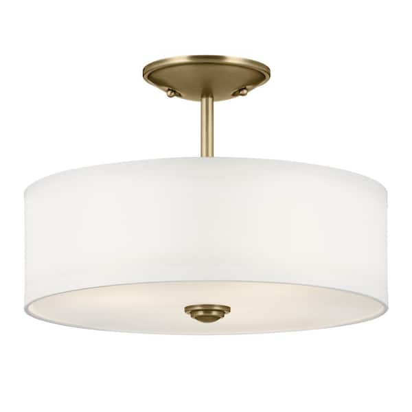 Shailene 14 in. 3-Light Natural Brass Round Hallway Transitional Semi-Flush Mount Ceiling Light with Microfiber Shade