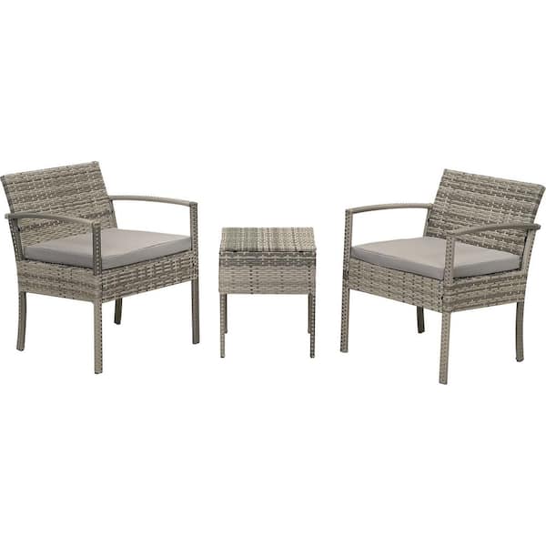 Afoxsos 3-Piece Rattan Wicker Outdoor Bistro Set Outdoor Conversation Set with Gray Cushions, 2 Armchairs and 1 Table