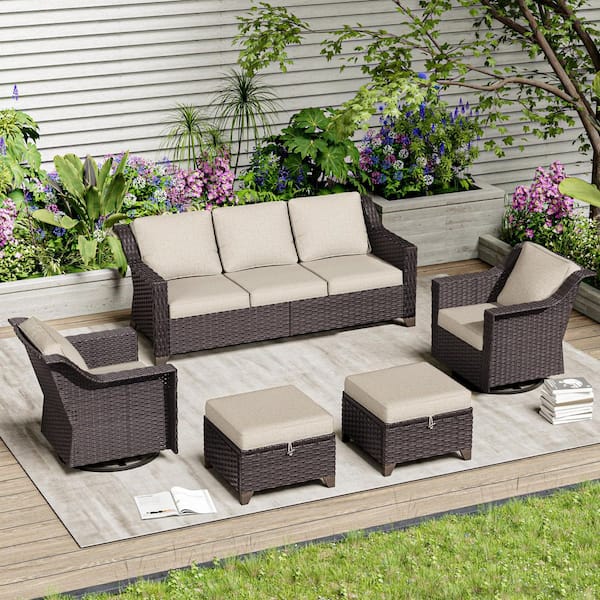 5-Piece Wicker Outdoor Patio Sectional Sofa Set with Beige Cushions and Swivel Rocking Chairs
