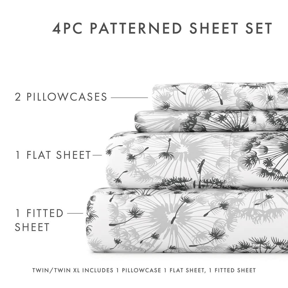 Gray Floral Deep Pocket Full Sheet Set with Pillowcases