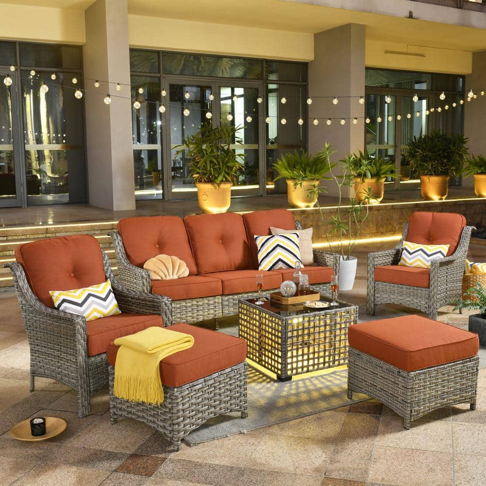 Palffy Gray 6-Piece Wicker Patio Conversation Seating Set with Bold-stripe Orange Red Cushions and Coffee Table price history on PriceWatchPro