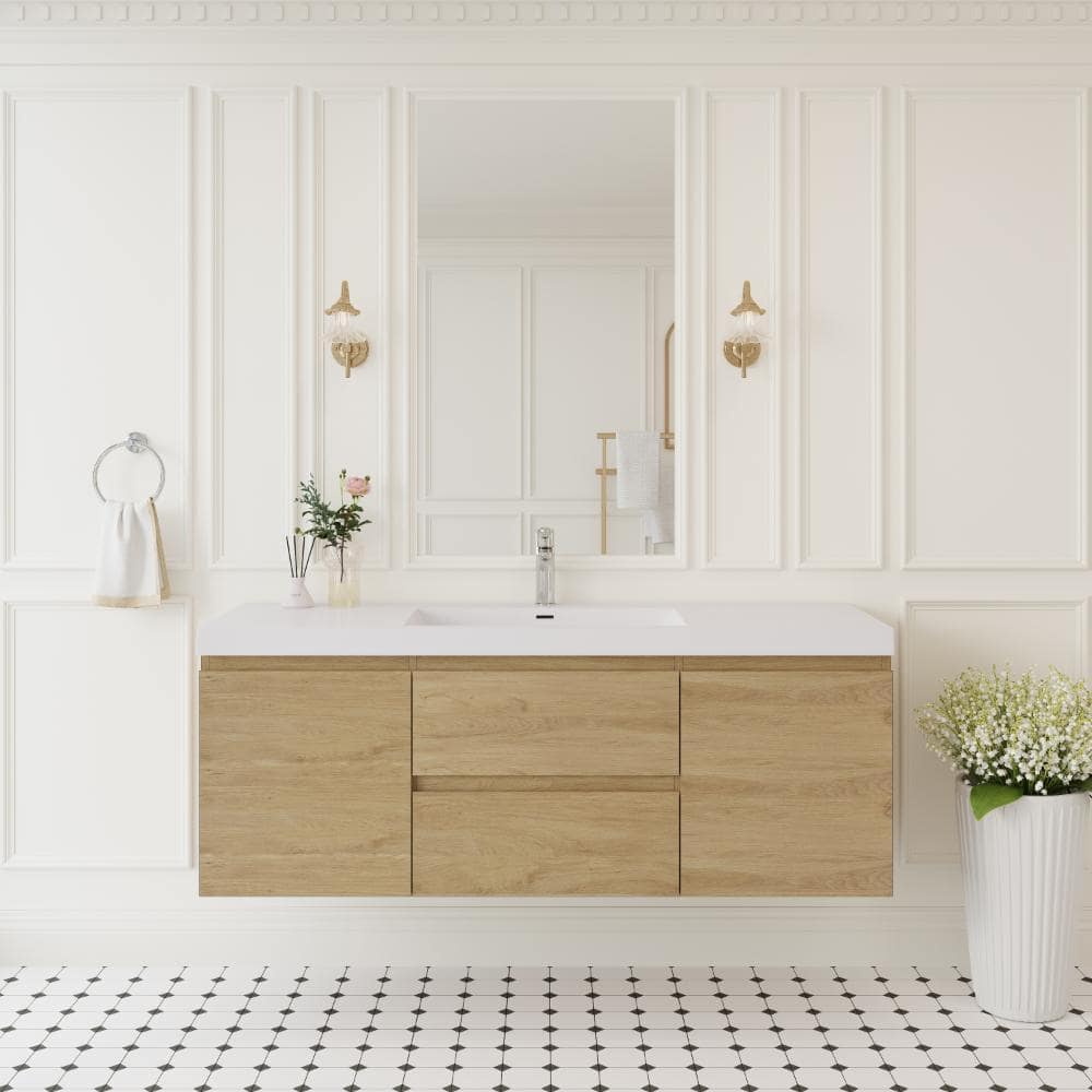 60 in. W Single Sink Floating Bath Vanity in Natural Oak with White Solid Surface Sink Top price history on PriceWatchPro