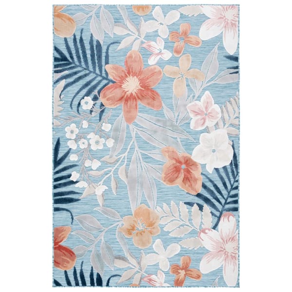 Cabana Aqua/Rust 5 ft. x 8 ft. High-Low Floral Leaf Indoor/Outdoor Area Rug