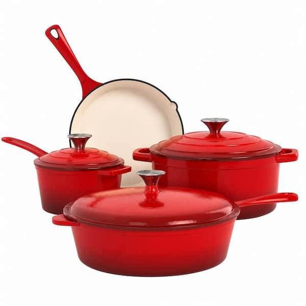 Enameled Cast Iron Cookware Sets, 7-Piece Cast Iron Pots and Pans Set, Induction Dutch Oven Set, PFOA and PFAS Free