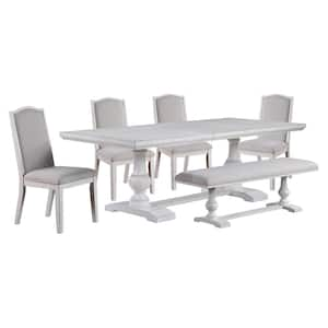 Warren 6-Piece White Wood Dining Room Set with 4 Gray Upholstered Chairs and Bench