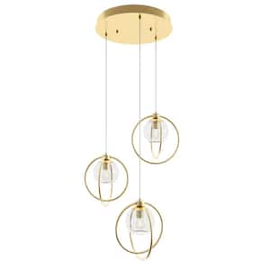 Jamie 3-Light Satin Brass, Clear Shaded Pendant Light with Clear Glass Shade